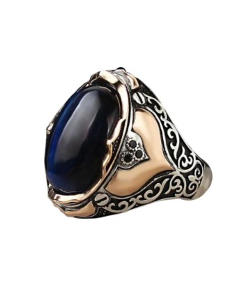 Bague Argent Œil de Tigre Bleu brillant des détails fins