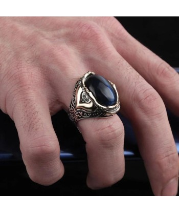 Bague Argent Œil de Tigre Bleu brillant des détails fins