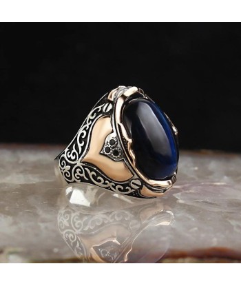 Bague Argent Œil de Tigre Bleu brillant des détails fins