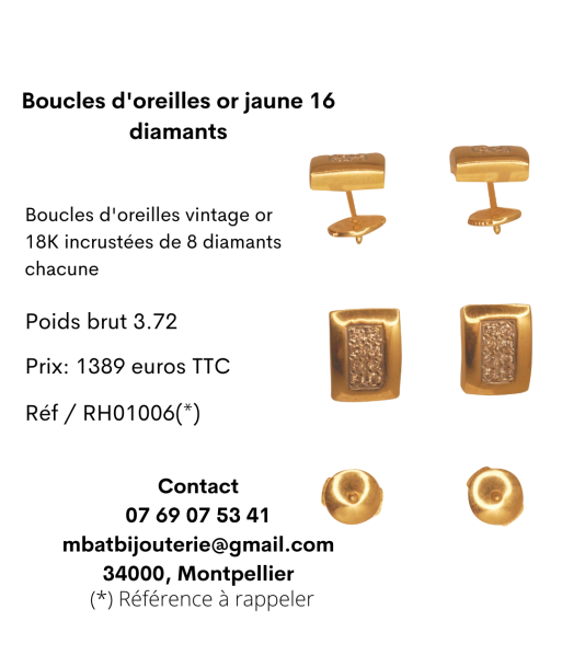 Boucles d'oreille or jaune 750 16 diamants le des métaux précieux