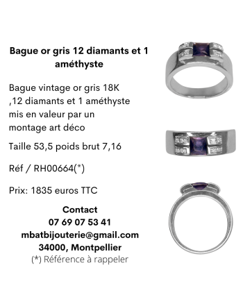 Bague or gris 12 diamants et 1 améthyste rembourrage situé sous