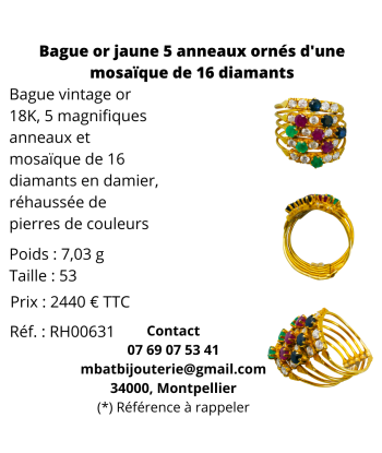 Bague or jaune 750, 5 anneaux ornés d'une mosaïque de 16 diamants À commander