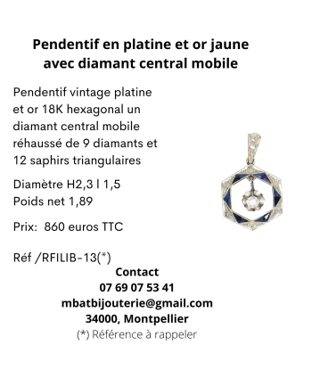 Pendentif en platine et or jaune 750 avec diamant central mobile ouvre sa boutique