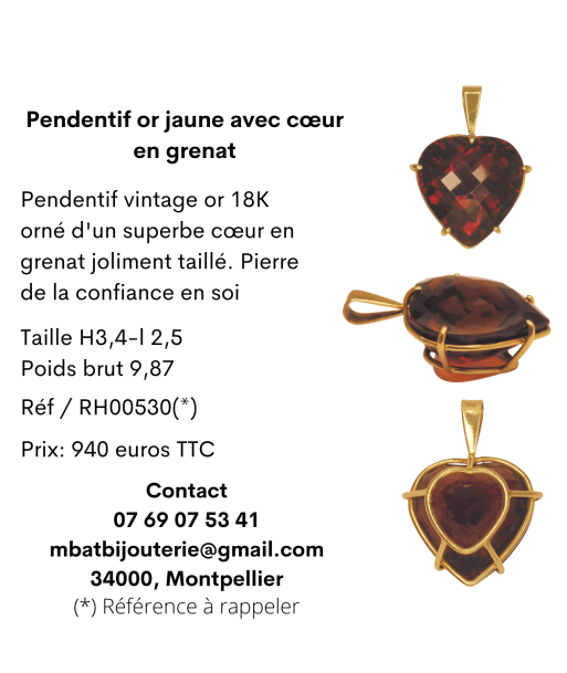 Pendentif or jaune 750 avec coeur en grenat prix