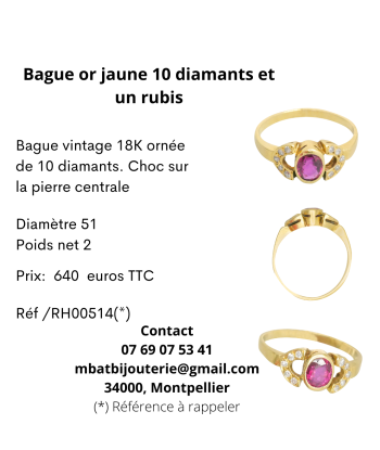 Bague or jaune 750, 10 diamants et un rubis shop