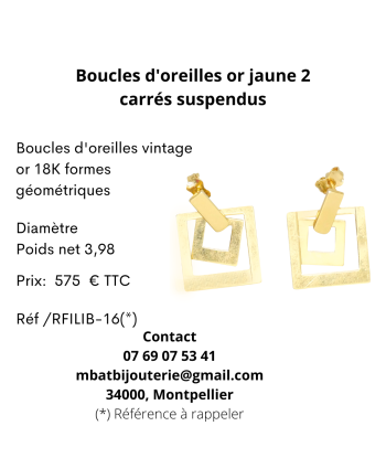 Boucles d'oreille or jaune 750, 2 carrés suspendus Les êtres humains sont 