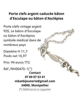 Porte clefs argent caducée bâton d'Esculape ou bâton d'Asclépios le concept de la Pate a emporter 