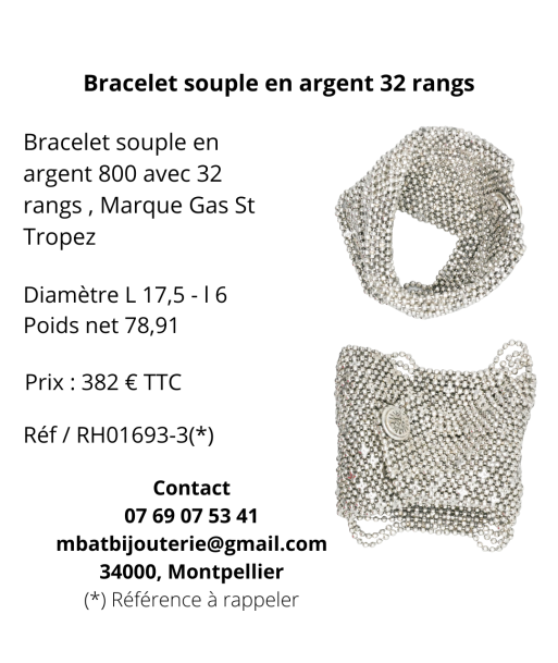 Bracelet souple en argent 32 rangs destockage