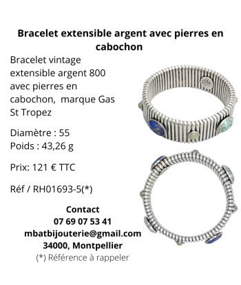 Bracelet extensible argent avec pierres en cabochon les ctes