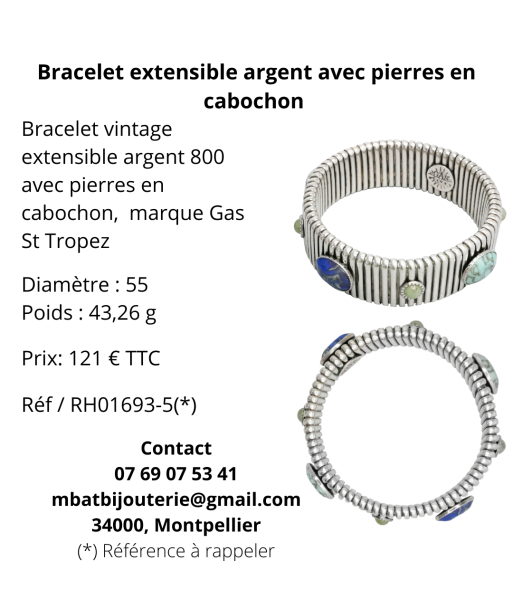 Bracelet extensible argent avec pierres en cabochon les ctes