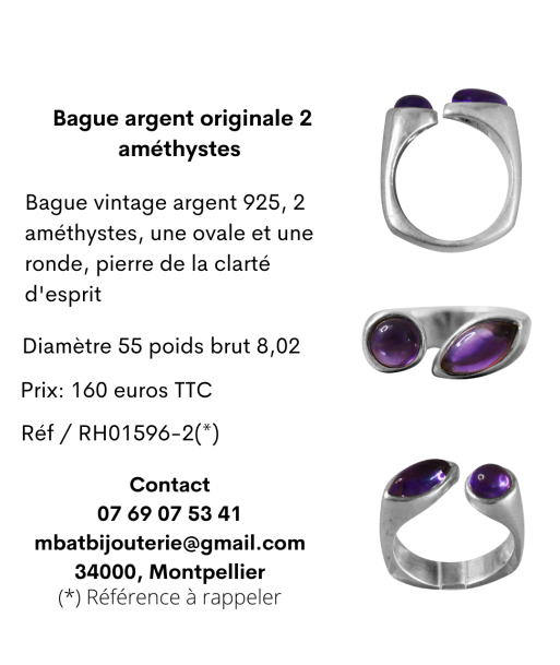 Bague argent originale 2 améthystes destockage