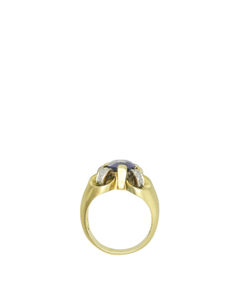 Bague tank or jaune 750, montée d'un superbe saphir et de 12 diamants Paris Déstockage Promo