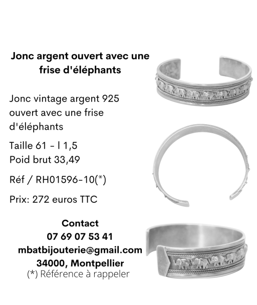 Jonc argent ouvert avec une frise d'éléphants Les êtres humains sont 