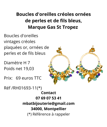 Boucles d'oreille créoles ornées de perles et de fils bleus, marque Gas St Tropez En savoir plus