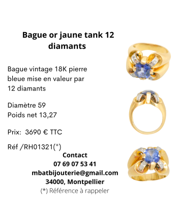 Bague tank or jaune 750, montée d'un superbe saphir et de 12 diamants Paris Déstockage Promo