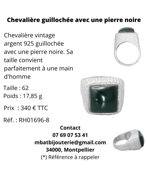 Chevalière guillochée avec une pierre noire Véritable concentré