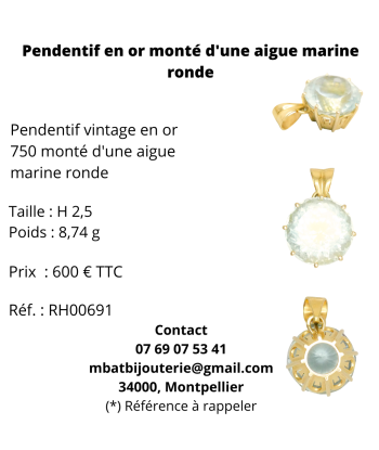 Pendentif en or 750 monté d'une aigue marine ronde de pas cher