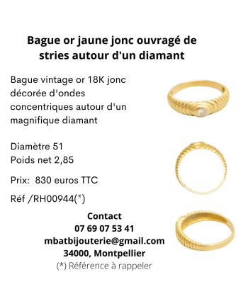 Bague or jaune 750 jonc ouvragé de stries autour d'un diamant une grave pollution 