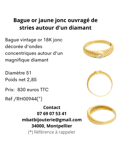 Bague or jaune 750 jonc ouvragé de stries autour d'un diamant une grave pollution 