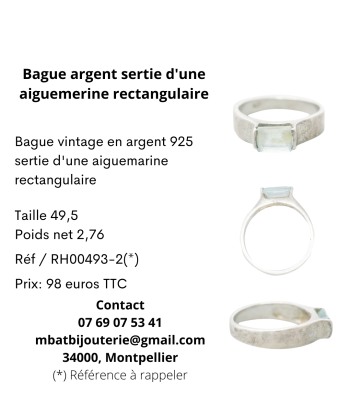 Bague argent sertie d'une aigue marine rectangulaire brillant des détails fins