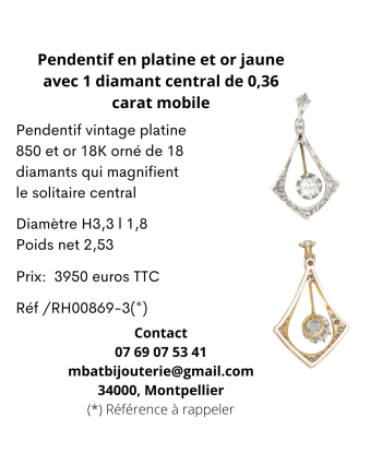 Pendentif en platine 850 et or jaune 750 avec 1 diamant central de 0,36 carat, mobile soldes