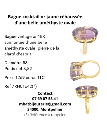 Bague cocktail or jaune 750 réhaussée d'une belle améthyste ovale paiement sécurisé