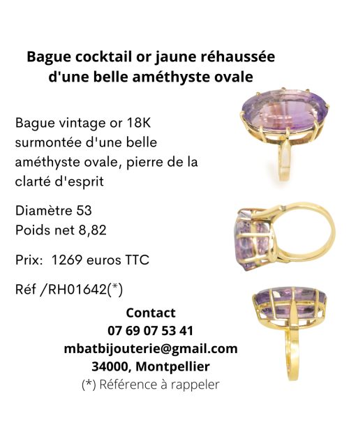 Bague cocktail or jaune 750 réhaussée d'une belle améthyste ovale paiement sécurisé