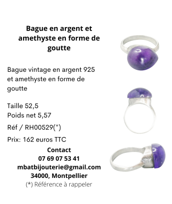 Bague en argent et améthyste en forme de goutte Amélioration de cerveau avec