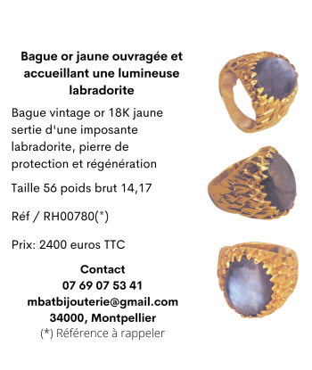 Bague or jaune 750 ouvragée et accueillant une lumineuse labradorite de pas cher