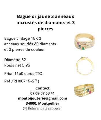 Bague or jaune 750, 3 anneaux incrustés de diamants et 3 pierres Economisez 