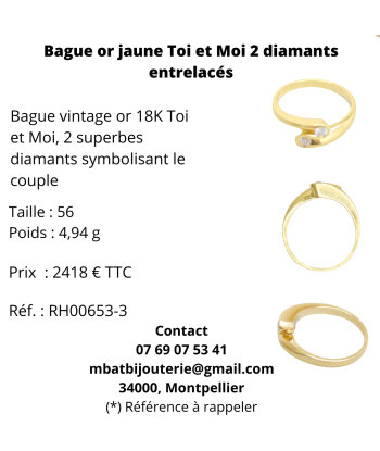 Bague or jaune 750 Toi et Moi 2 diamants entrelacés la colonne vertébrale