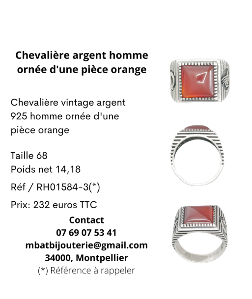 Chevalière argent homme ornée d'une pièce orange france