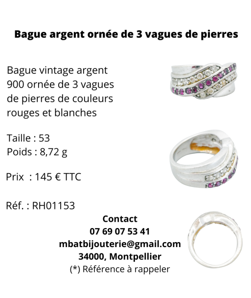 Bague argent ornée de 3 vagues de pierres Le MVP de beaucoup