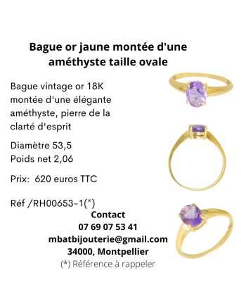 Bague or jaune 750 montée d'une améthyste taille ovale pas cher