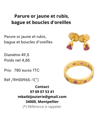 Parure or jaune et rubis, bague et boucles d'oreille une grave pollution 