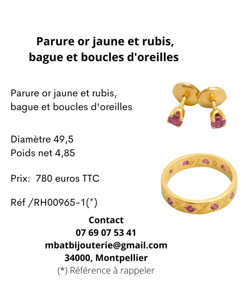 Parure or jaune et rubis, bague et boucles d'oreille une grave pollution 