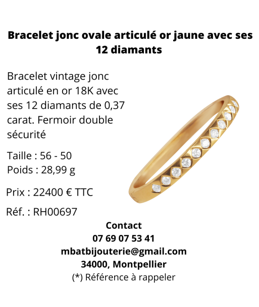 Bracelet jonc ovale articulé or jaune 750 avec ses 12 diamants de technologie