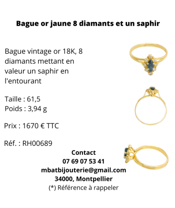 Bague or jaune 750, 8 diamants et un saphir soldes