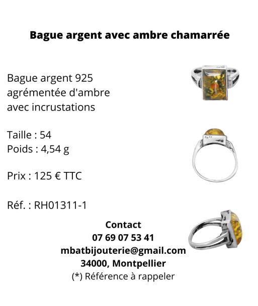 Bague argent 925 avec ambre chamarrée Paris Déstockage Promo