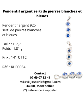 Pendentif argent serti de pierres blanches et bleues 2024