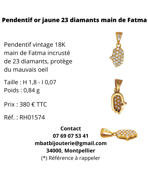 Pendentif or jaune 750, 23 diamants main de Fatma en ligne