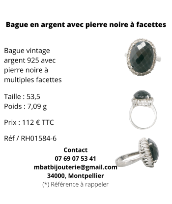 Bague en argent avec pierre noire à facettes Faites des économies