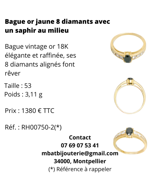 Bague or jaune 750, 8 diamants avec un saphir au milieu pas cheres