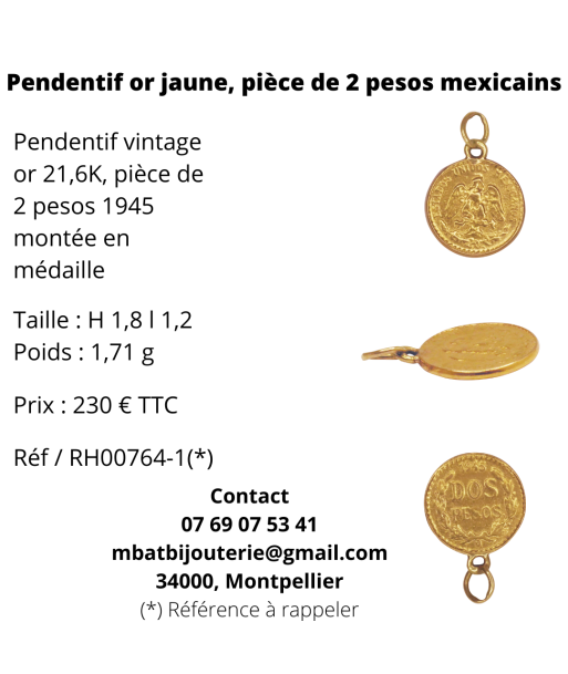 Pendentif or jaune 900, pièce de 2 pesos mexicains de votre