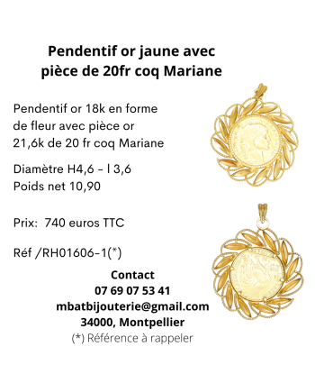 Pendentif or jaune pièce de 20fr coq Marianne pour bénéficier 