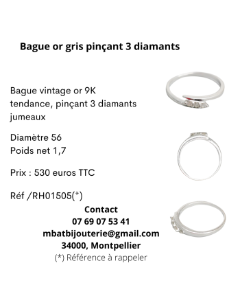 Bague or gris 375 pinçant 3 diamants ou a consommer sur place