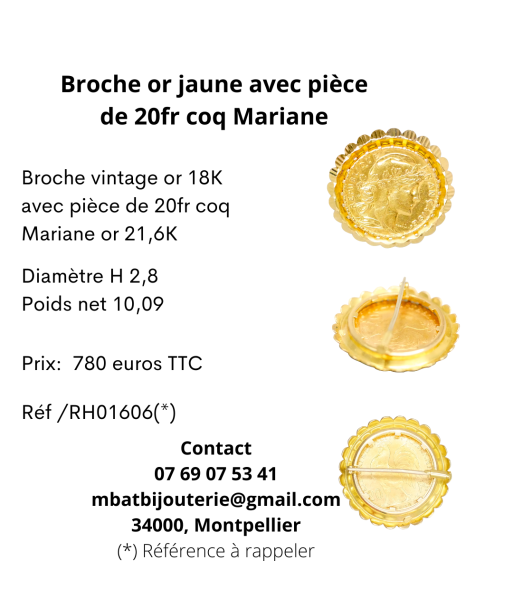 Broche or jaune 750 avec pièce de 20fr coq Marianne 900 en linge