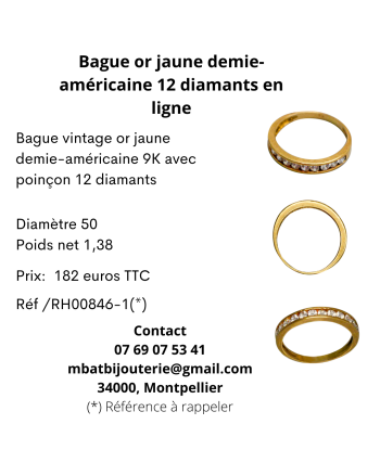 Bague or jaune demie-américaine 12 diamants en ligne brillant des détails fins