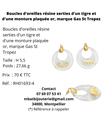 Boucles d'oreille résine serties d'un tigre Gas St Tropez sur le site 