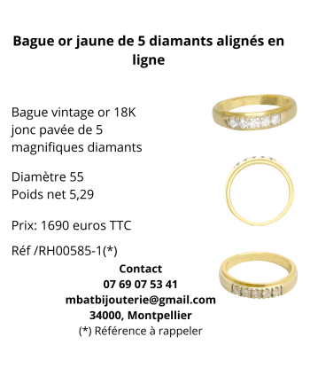 Bague or jaune 750, 5 diamants alignés en ligne chez Cornerstreet bien 